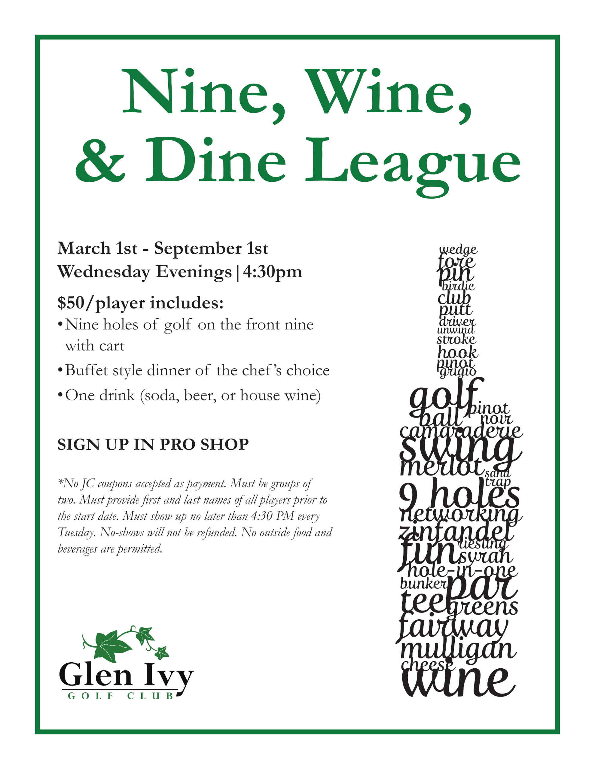 Glen Ivy Golf Club | Events Calendar - (March 2024) Glen Ivy Golf Club Events Calendar – (March 2024) GIGC (2024) Nine, Wine, & Dine League (Event / Flyer)